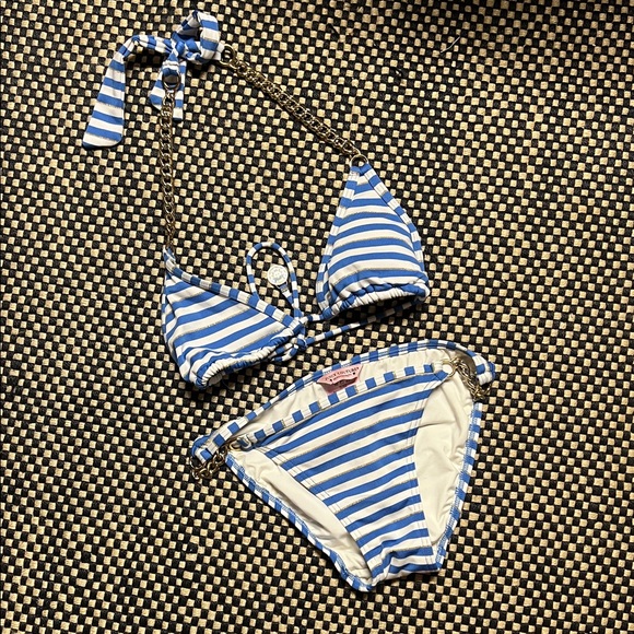 Juicy Couture Blue and White Striped Bikini with Chain Accents - Picture 1 of 1
